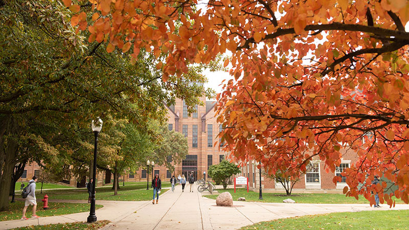 Students walking on the Quad on the Fall.